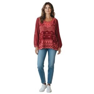 Johnny‎ Was Burgundy Embroidered Lace Tunic Top Long Sleeve Pockets Size S